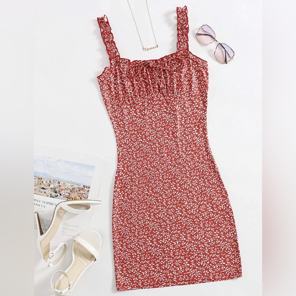 Shein Women's Floral Ruched Mini Bodycon Short Dress Red Small